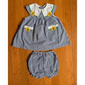 Vintage Samara Girls Navy Gingham Bumblebee Dress And Bloomers Set 4T